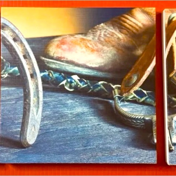 Triptych (3) Piece Canvas Art Mac & Jac  Gift of Art Cowboy Horseshoes Pre-Owned - Picture 3 of 10